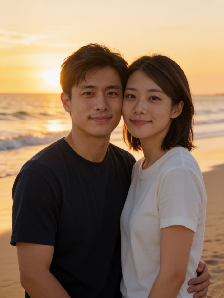 AI-generated photo of a fictional couple at Beach Sunset