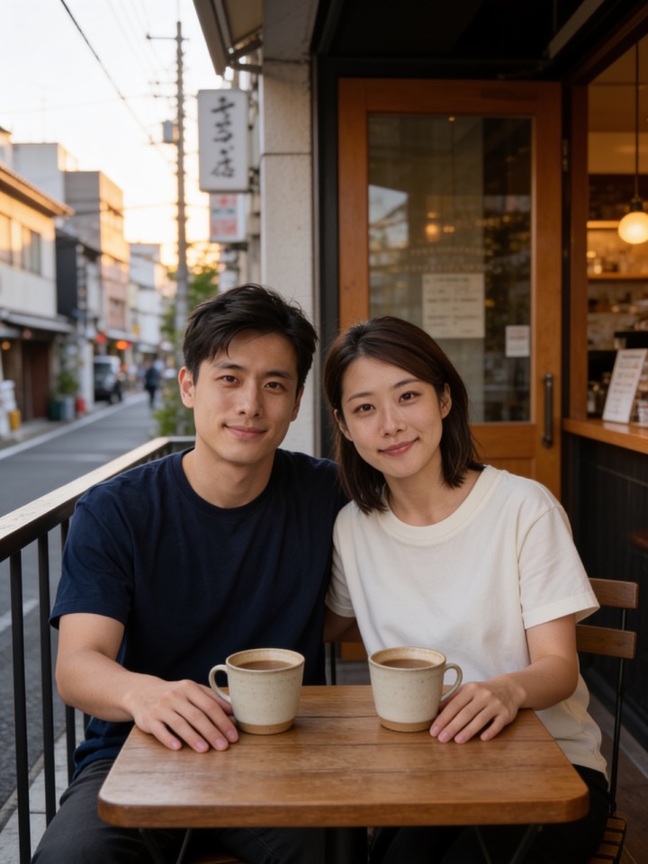 AI-generated photo of a fictional couple at Cozy Café