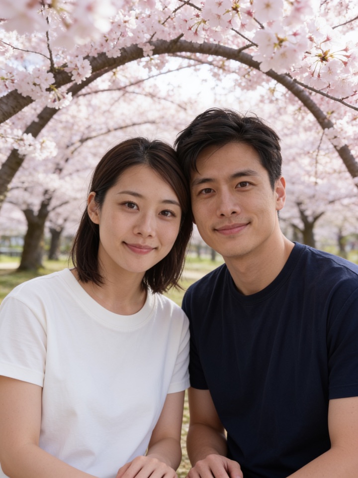 AI-generated photo of a fictional couple at Cherry Blossoms