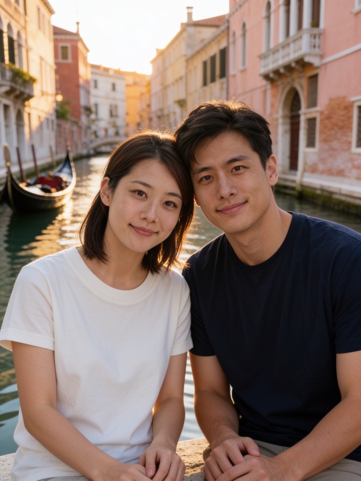 AI-generated photo of a fictional couple at Venice