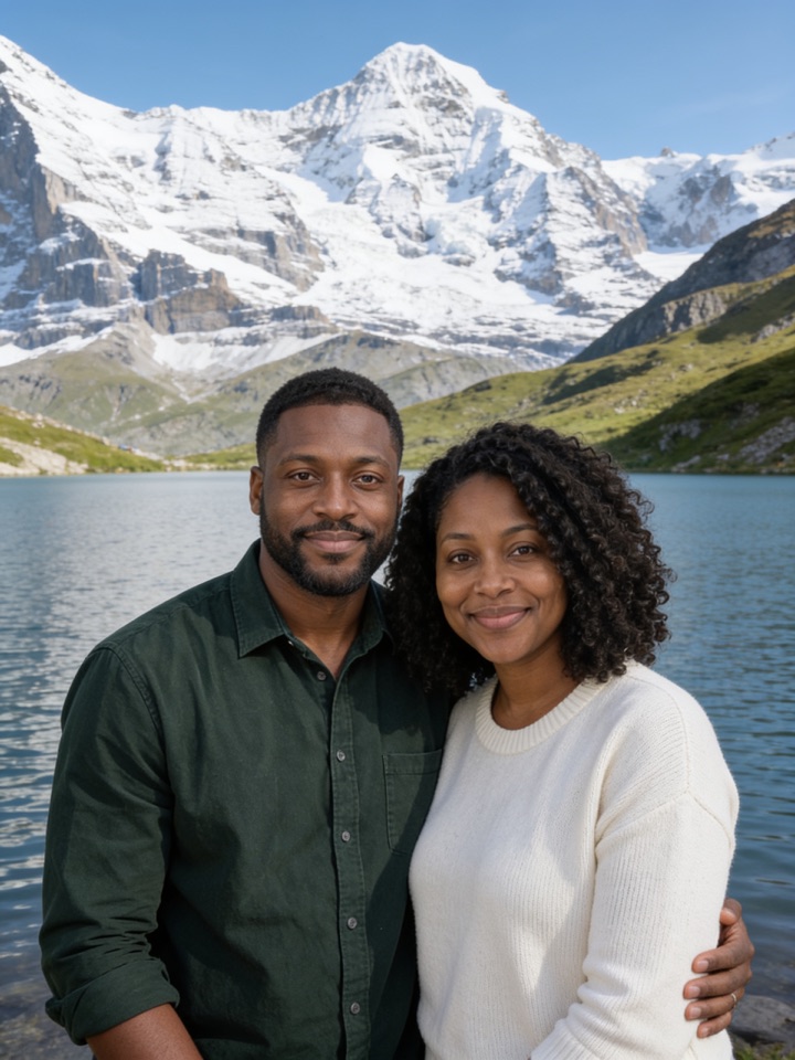 AI-generated photo of a fictional couple at Alpine Lake